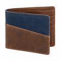 Portefeuille pliant 11.5 x 9.5 x 1.5 cm en cuir marron et textile bleu avec rangements pour cartes