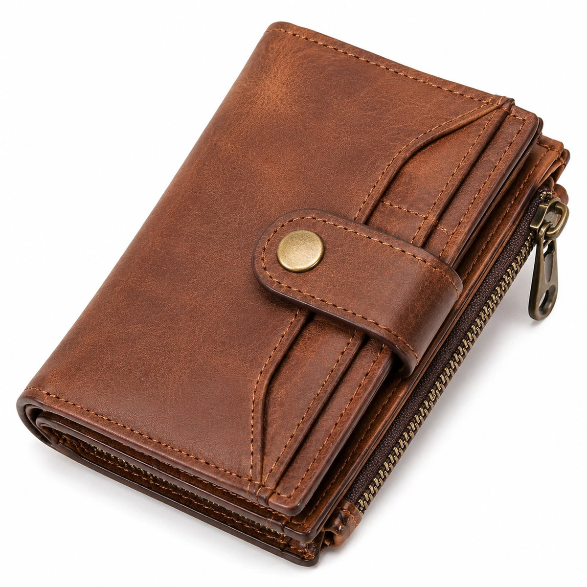 Portefeuille compact 12 x 9 x 3 cm en matière synthétique marron avec fermeture zippée