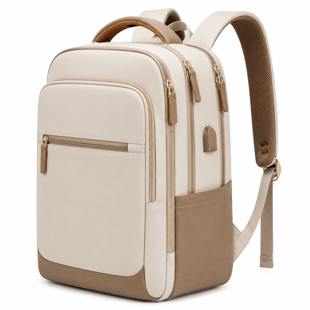 Sac à dos 30 x 16 x 42 cm en textile beige pour ordinateur portable à compartiments multiples
