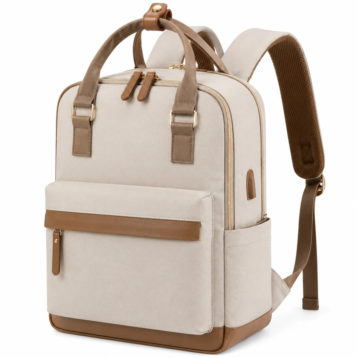 Sac à dos 30 x 14 x 40 cm en textile beige et similicuir marron pour ordinateur avec poignées et poches