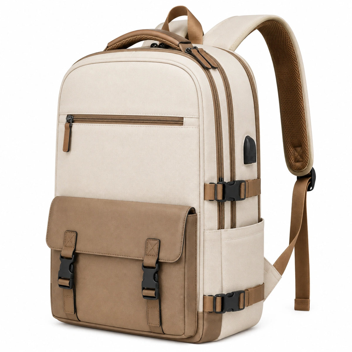 Sac à dos 45 cm en textile beige et marron à multiples compartiments