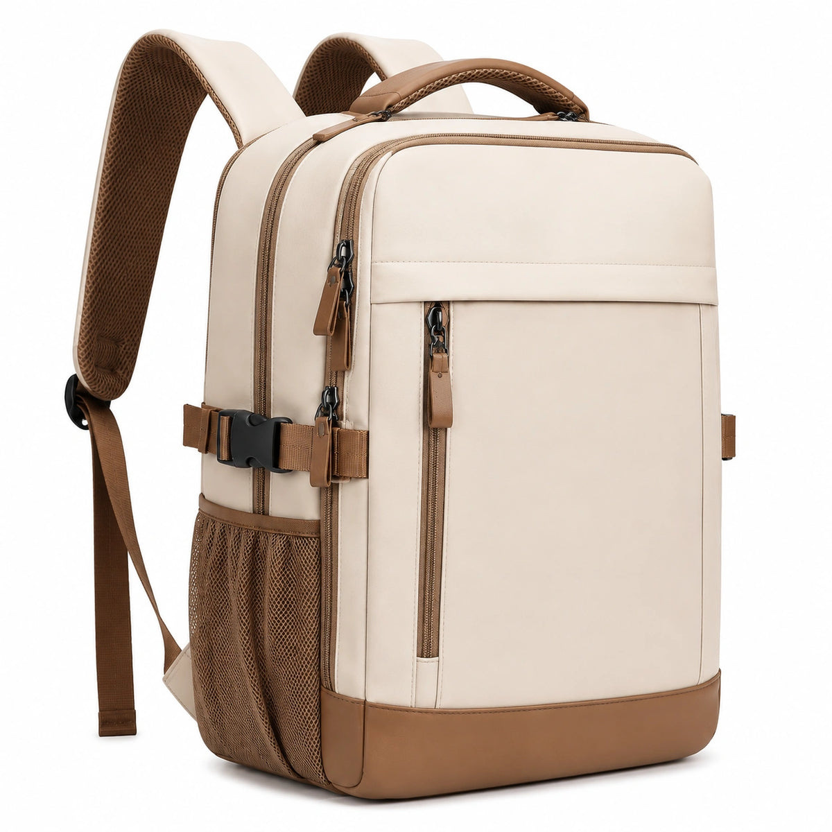 Sac à dos 30 x 18 x 45 cm en similicuir beige et marron avec compartiments pour voyage