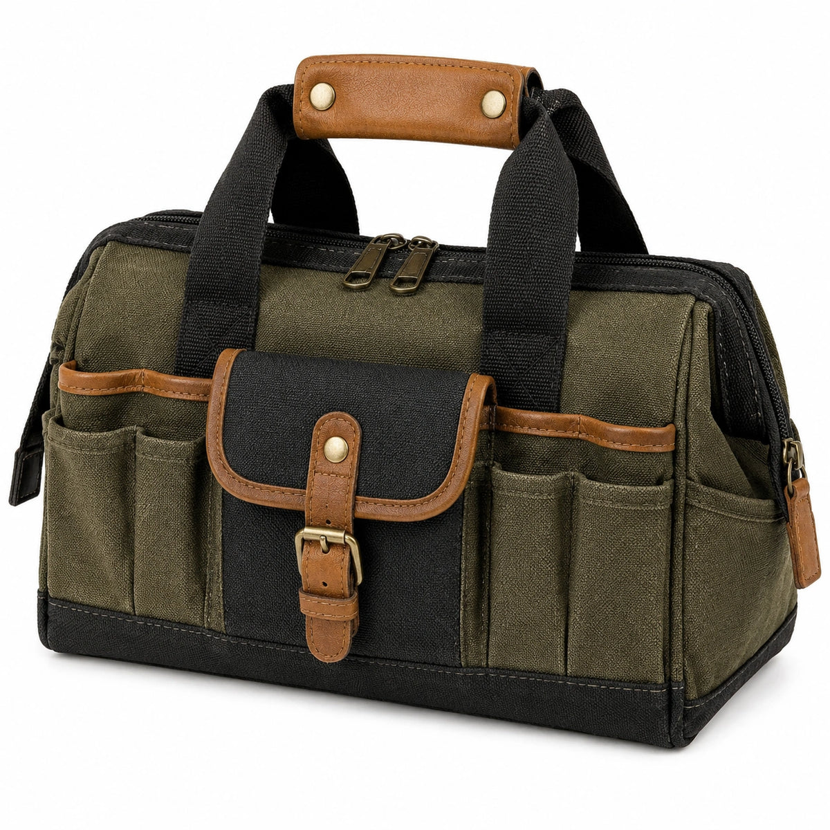 Sac à outils 38 x 20 x 28 cm en toile vert kaki et noir avec poches de rangement