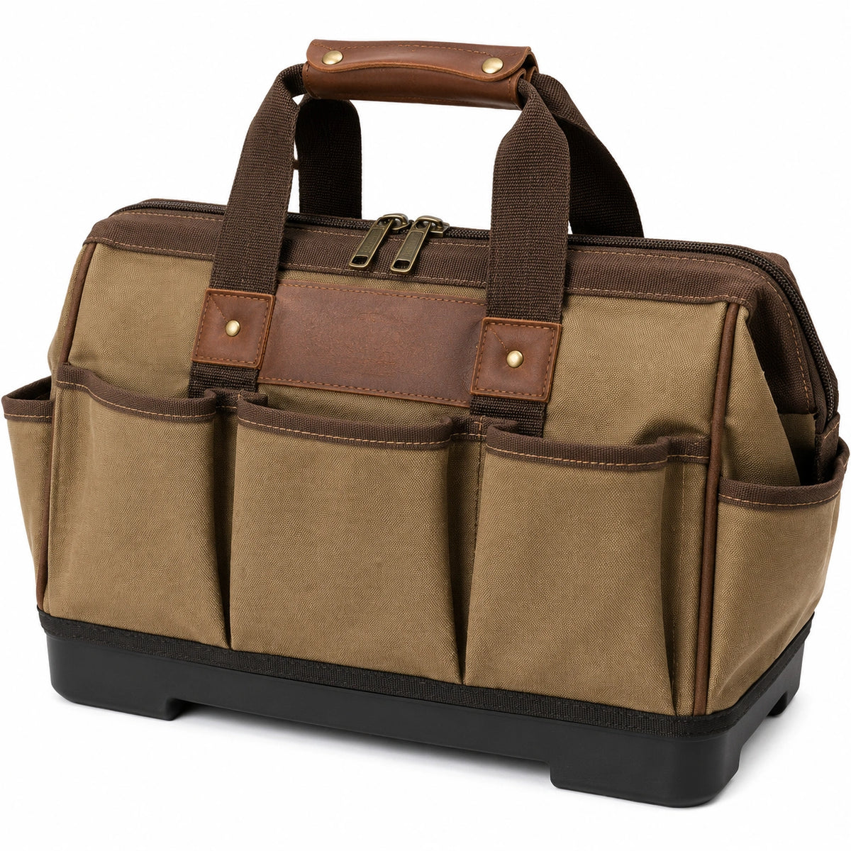 Sac à outils 40 x 22 x 30 cm en toile synthétique marron kaki avec base rigide