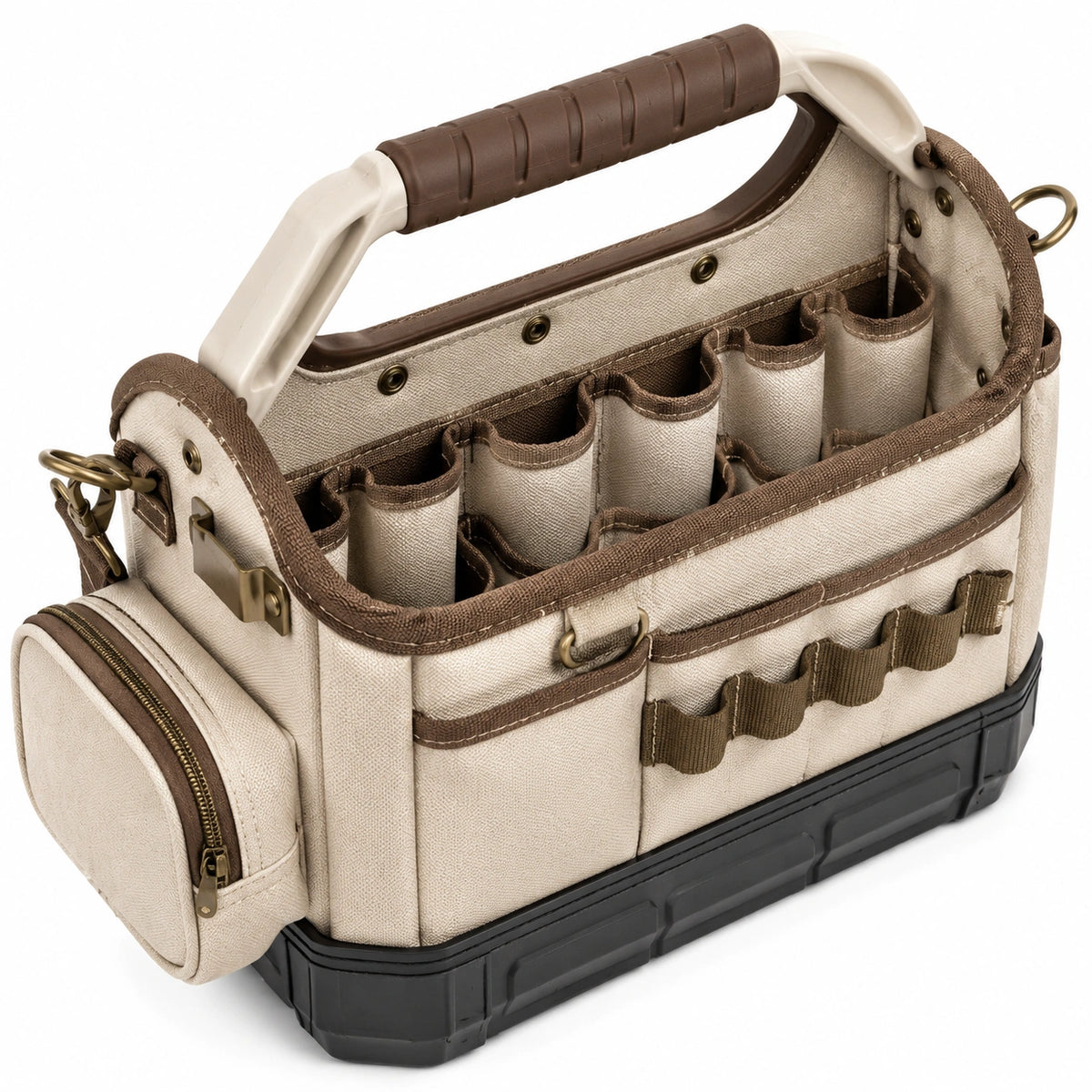 Sac à outils 40 x 20 x 30 cm en toile beige et marron avec base rigide pour rangement portable