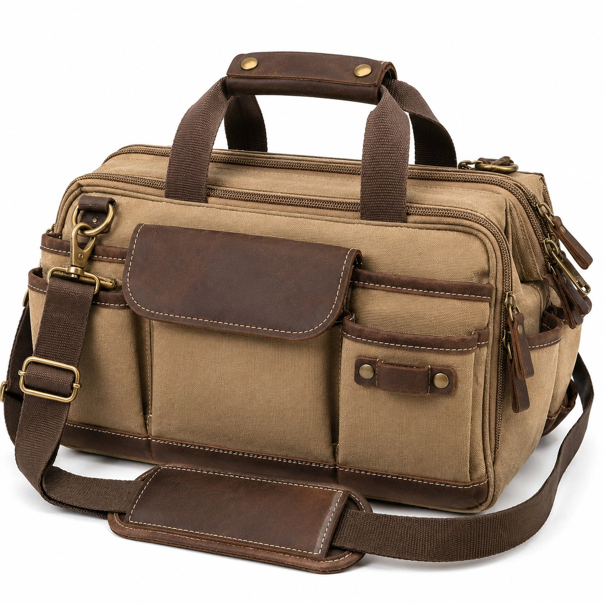 Sac de voyage 42 x 15 x 30 cm en toile kaki et marron avec bandoulière réglable