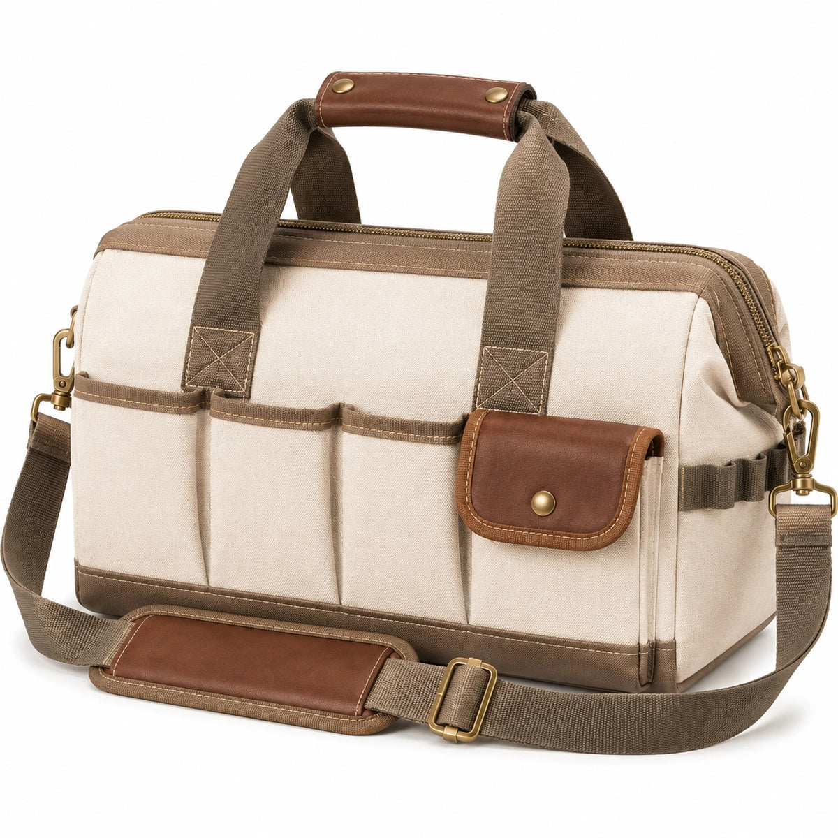 Sac de voyage 40 x 20 x 30 cm en toile beige et marron avec bandoulière réglable