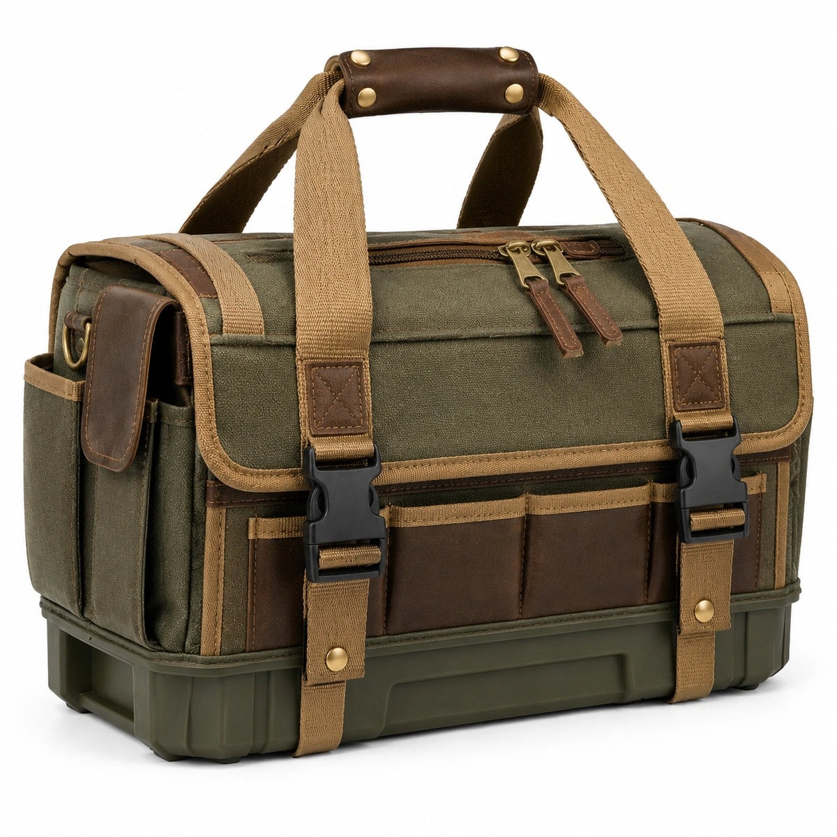 Sac de voyage 42 x 22 x 30 cm en textile vert kaki et similicuir marron avec rangements multiples