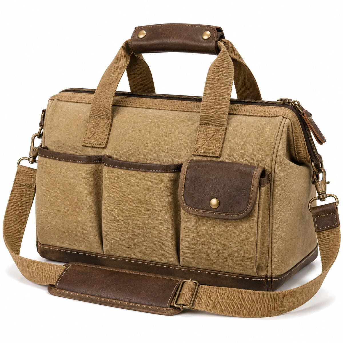 Sac de voyage 40 x 18 x 30 cm en toile beige et marron avec bandoulière réglable style vintage
