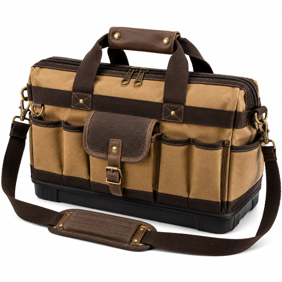 Sac à outils 42 cm en toile beige et marron avec bandoulière