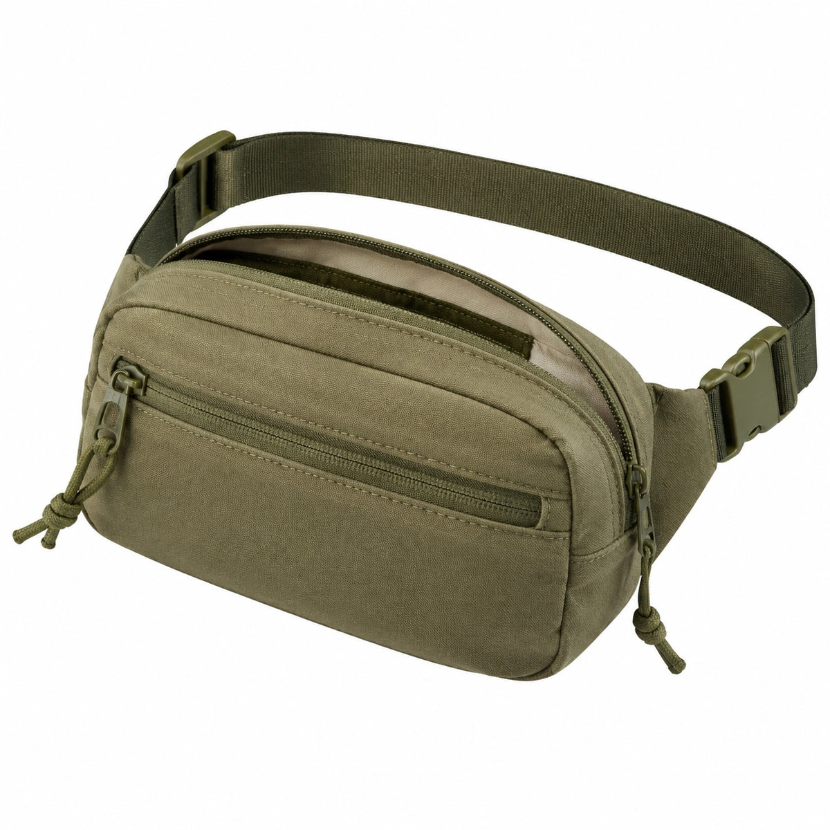 Sac banane 24 x 7 x 15 cm en tissu synthétique vert kaki à compartiments zippés