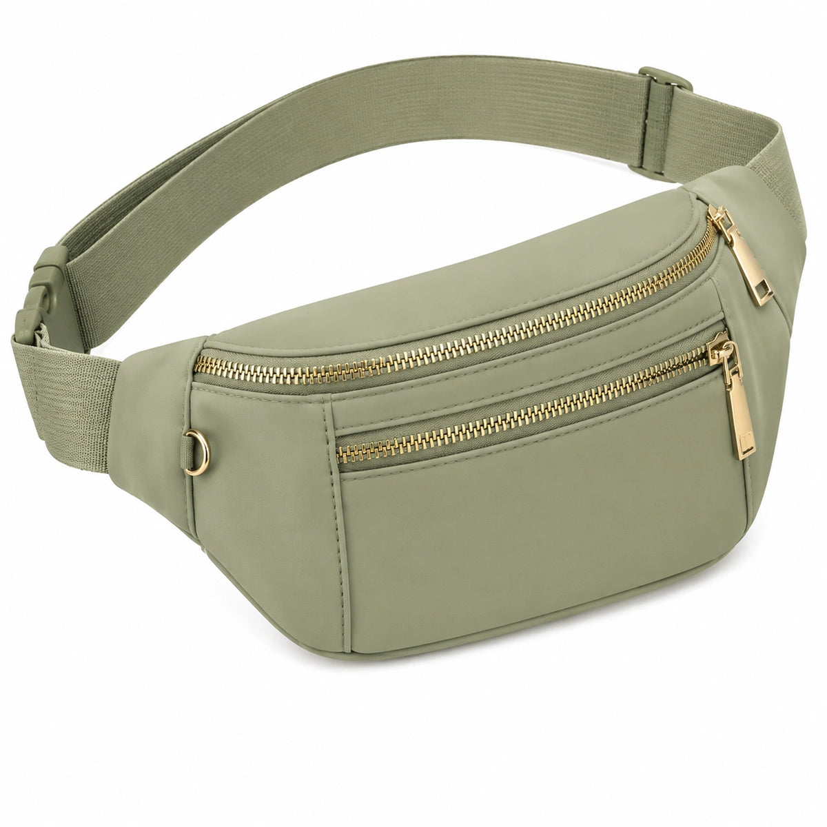 Sac banane 30 x 8 x 16 cm en similicuir vert kaki à double fermeture zippée