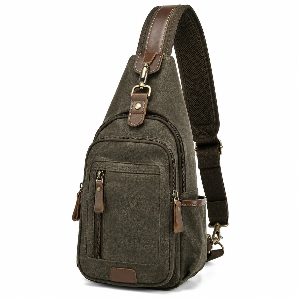 Sac à dos bandoulière 30 x 18 x 8 cm en toile vert olive pour quotidien avec poches zippées