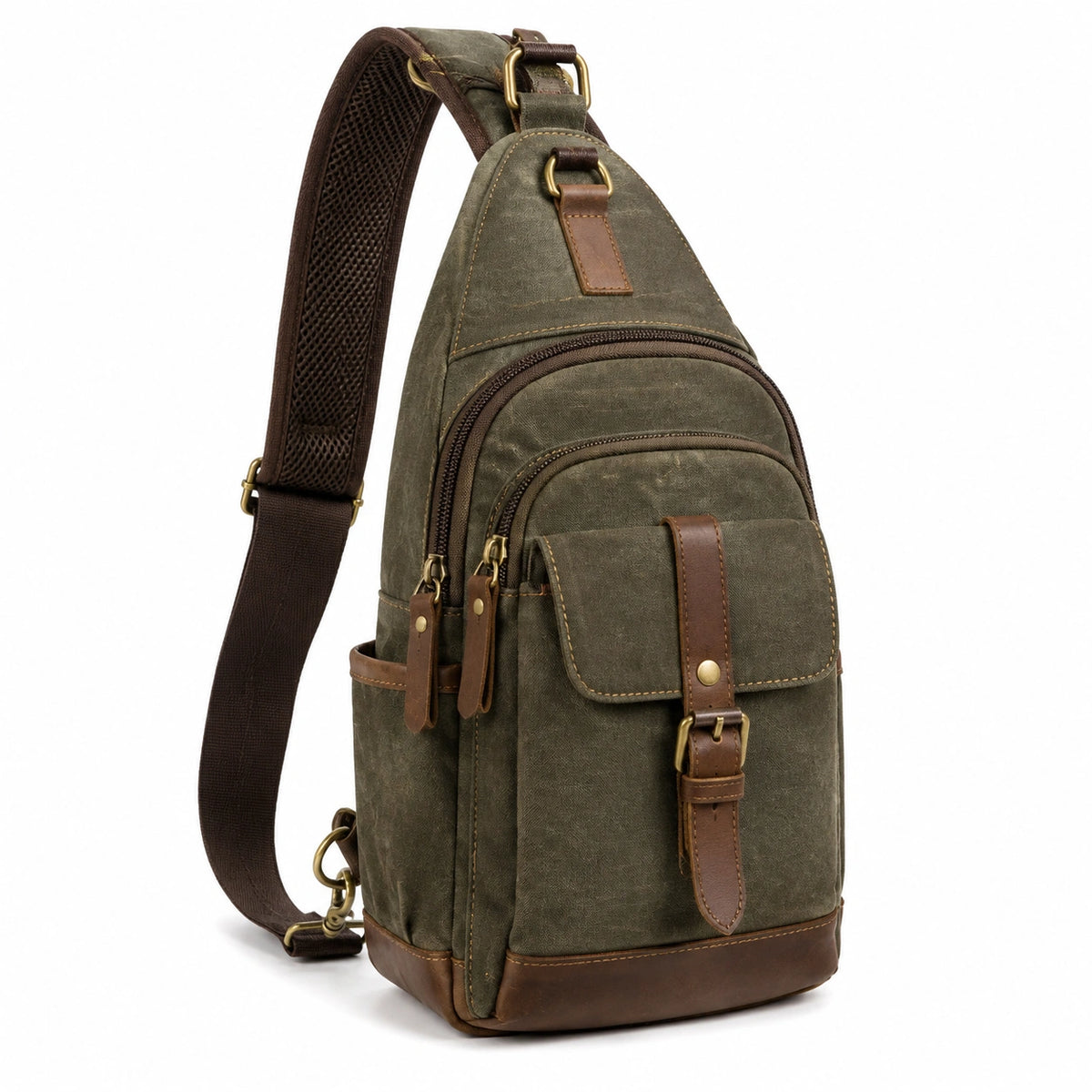 Sac bandoulière 32 cm en toile vert kaki et similicuir marron - rangement quotidien