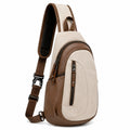 Sac à dos bandoulière 30 cm en toile beige et revêtement synthétique marron avec poches zippées