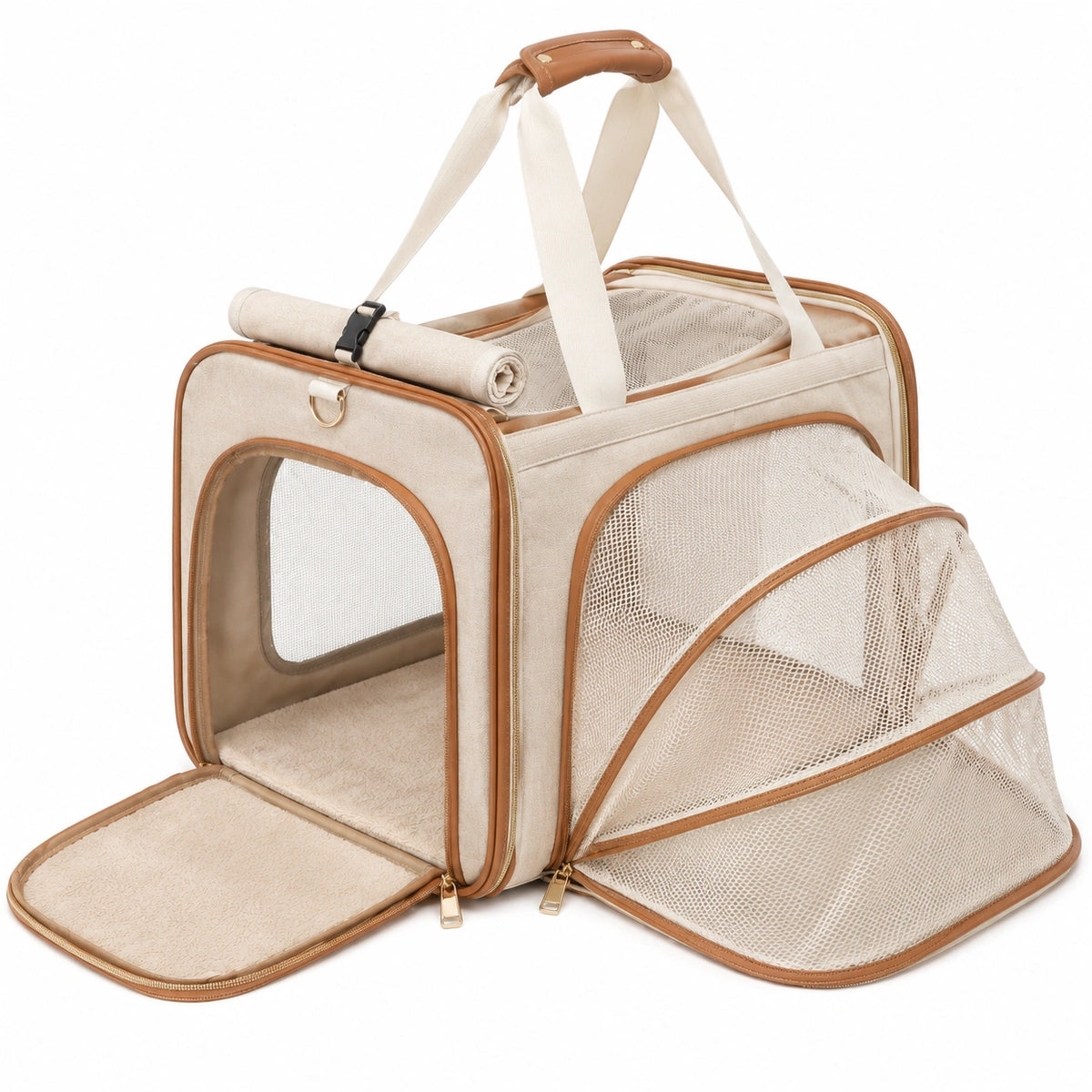 Sac de transport pour animaux 45 x 28 x 30 cm en tissu beige extensible et aéré
