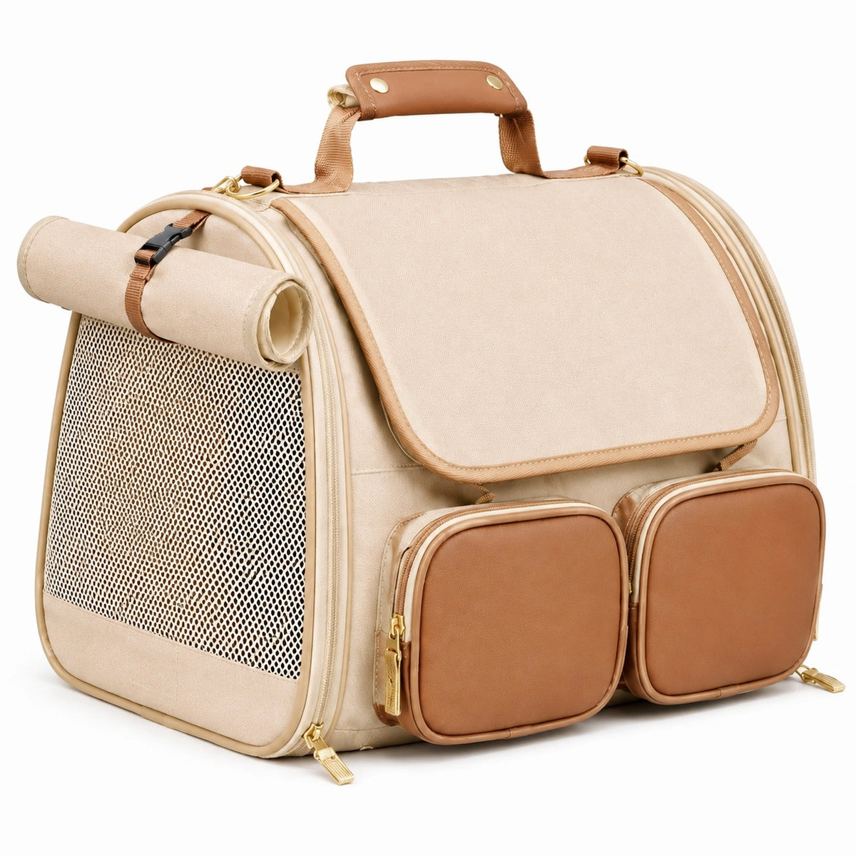 Sac de transport pour animaux 45 x 30 x 35 cm en textile beige et marron avec panneaux respirants
