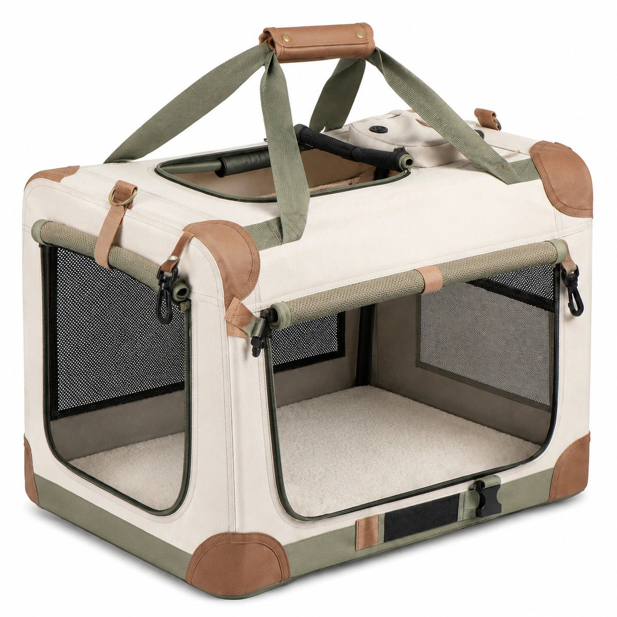 Cage de transport pliable pour chien 61 x 46 x 46 cm en textile écru vert kaki et marron avec panneaux en maille