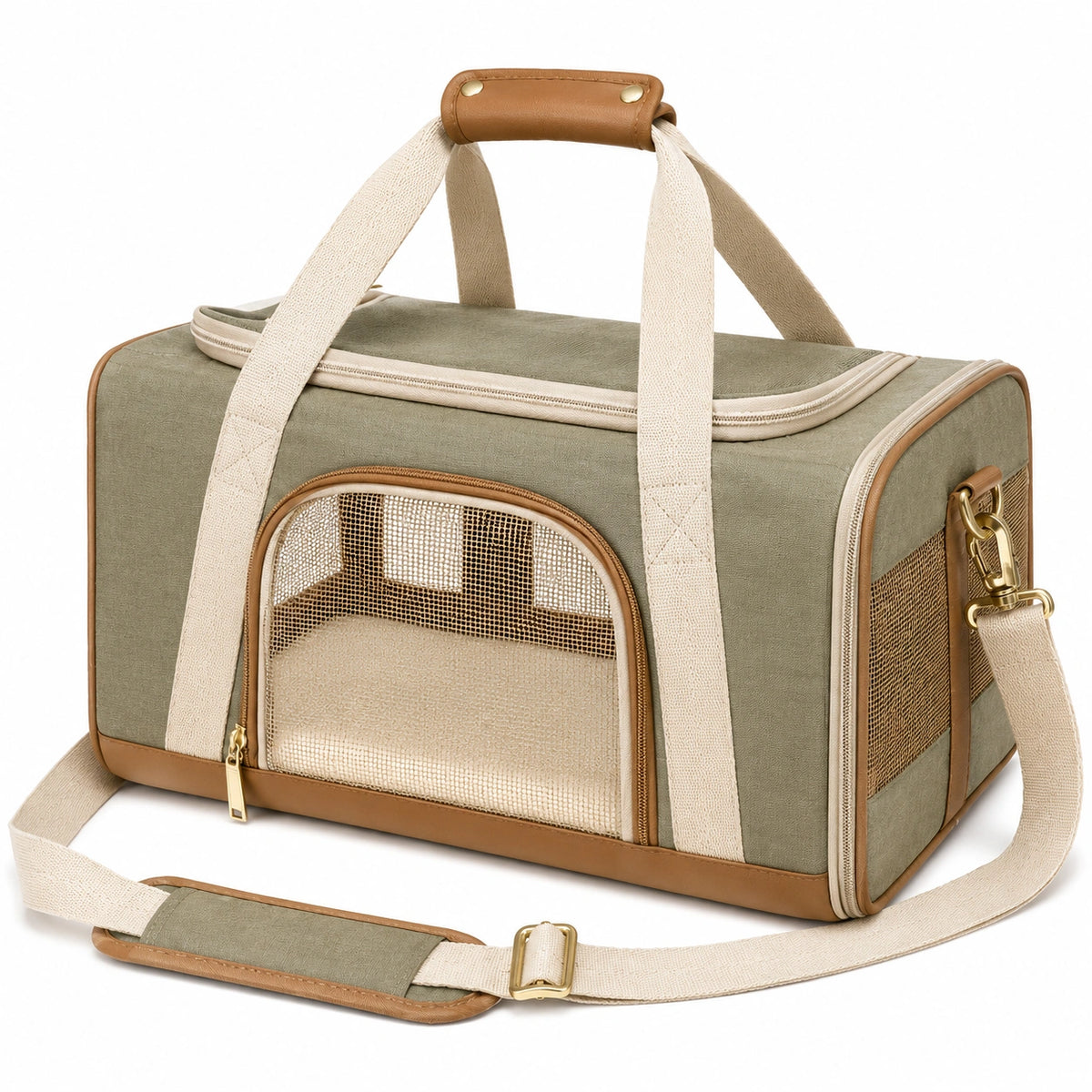 Sac de transport pour animal 45 x 28 x 30 cm vert en textile avec panneaux en maille et bandoulière réglable