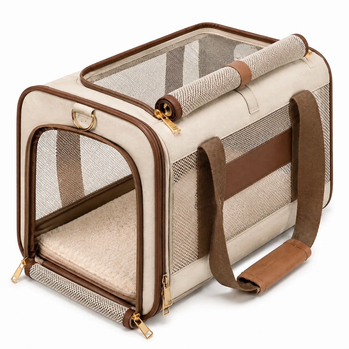 Sac de transport pour animaux 45 cm en tissu beige et marron - pliable et aéré