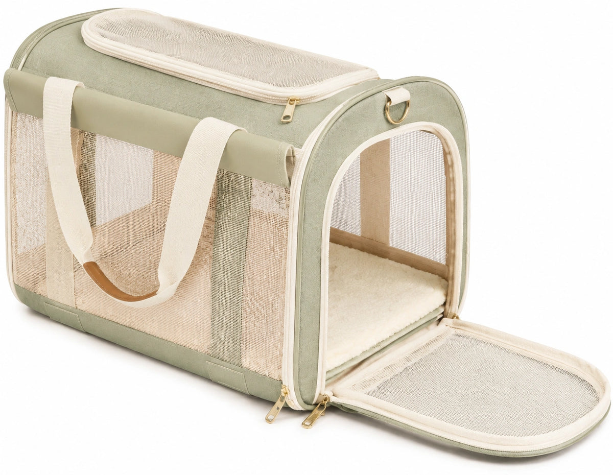 Sac de transport pour animal 45 x 28 x 28 cm en tissu vert avec maille aérée et tapis intérieur