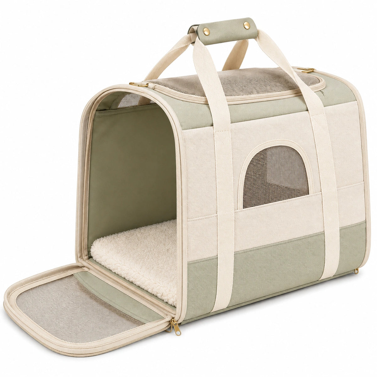 Sac de transport pour animaux 45 x 28 x 30 cm en tissu vert sauge et beige pliable aéré