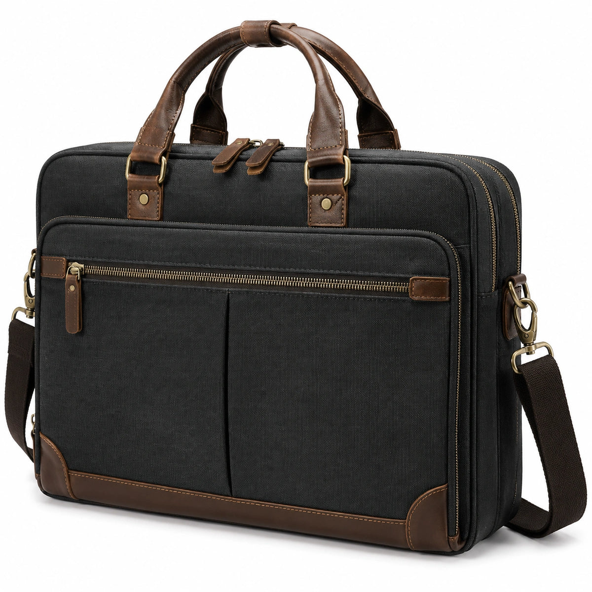 Sacoche ordinateur 42 cm en textile noir et brun avec bandoulière amovible