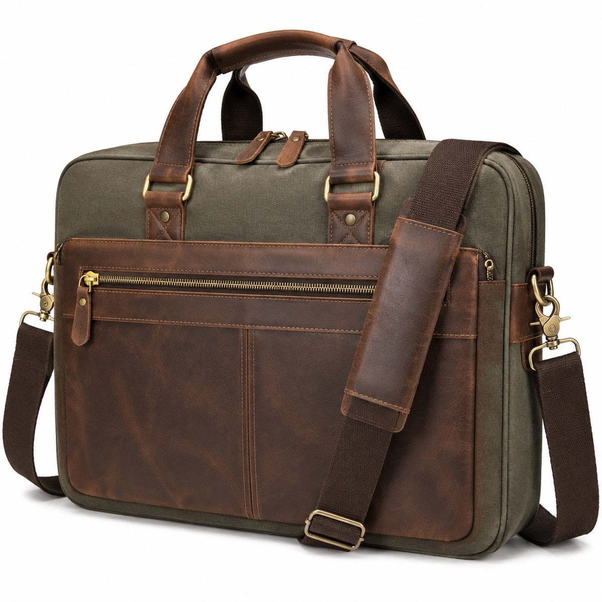 Sacoche ordinateur 40 cm en toile vert kaki et similicuir marron avec bandoulière réglable